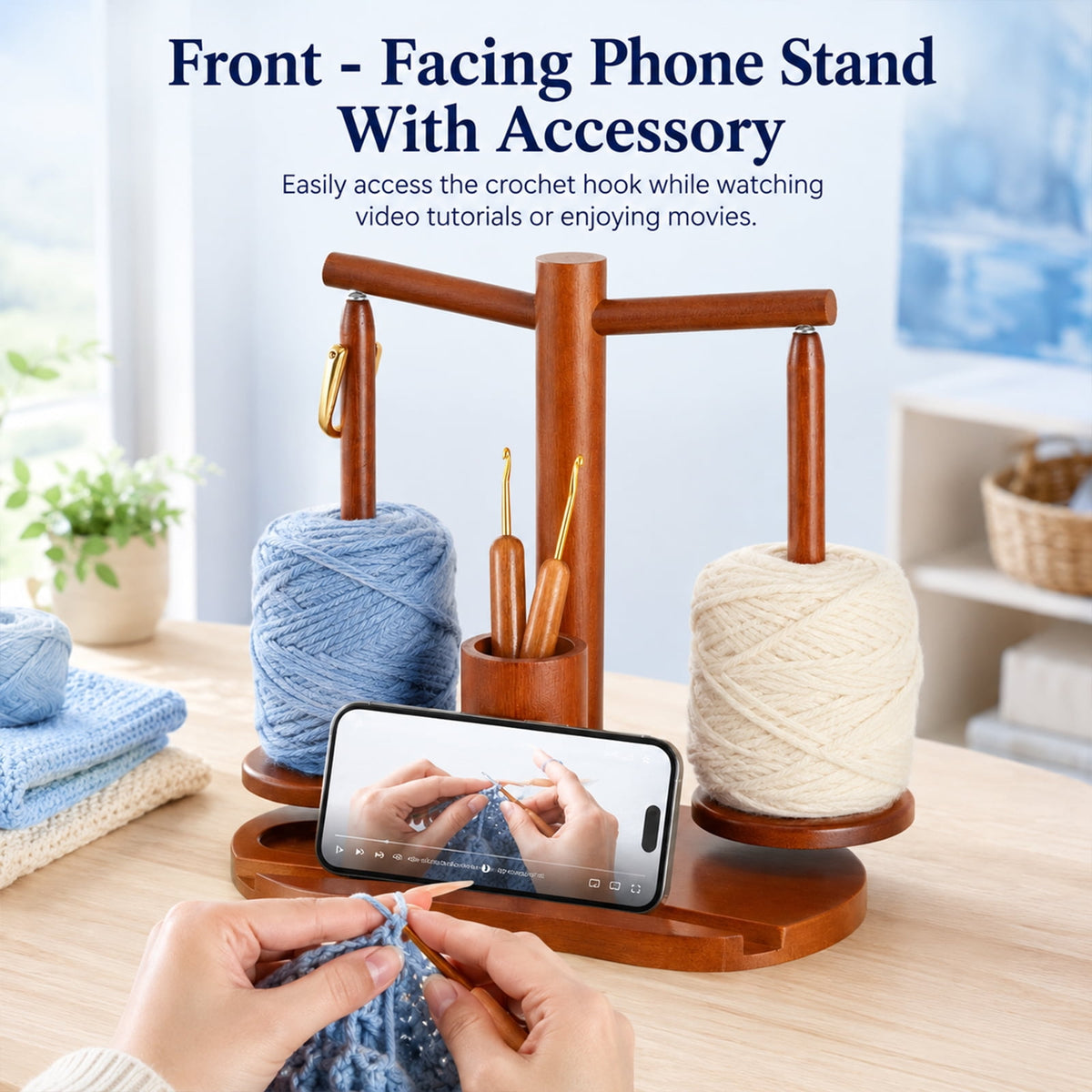 DOULAMI Wooden Yarn Holder for Crocheting and Knitting, Magnetic Rotating Yarn Spinner with 2 Spindles, Crochet Accessories Storage & Phone Stand