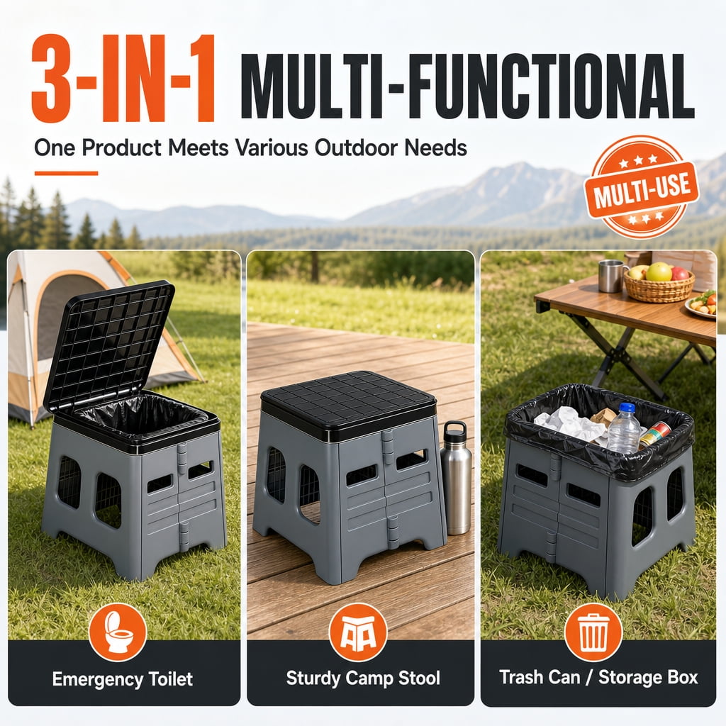 Doulami Camping Toilet, Portable Folding Toilet for Adults, Travel Porta Potty with Lid, Foldable Car Potty, Gray