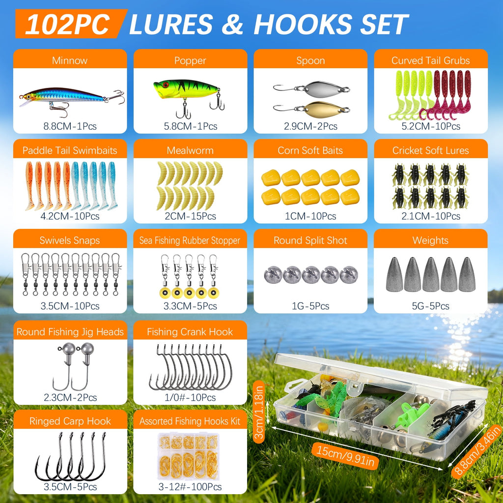 Doulami Fishing Poles, 102-Pcs Lure Kit, 2 Telescopic Fishing Poles (5.9ft & 6.9ft) with Spincast Reel, Hooks Lures Swivels Carry Bag for Beginners