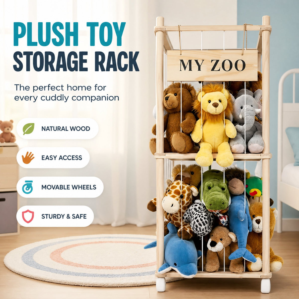 Doulami Wooden Stuffed Animal Storage, Holds Up to 40 Plush Toys, Vertical Corner Plush Toy Storage with Elastic Straps, Zoo Toy Organizer for Kids Nursery Bedroom Playroom