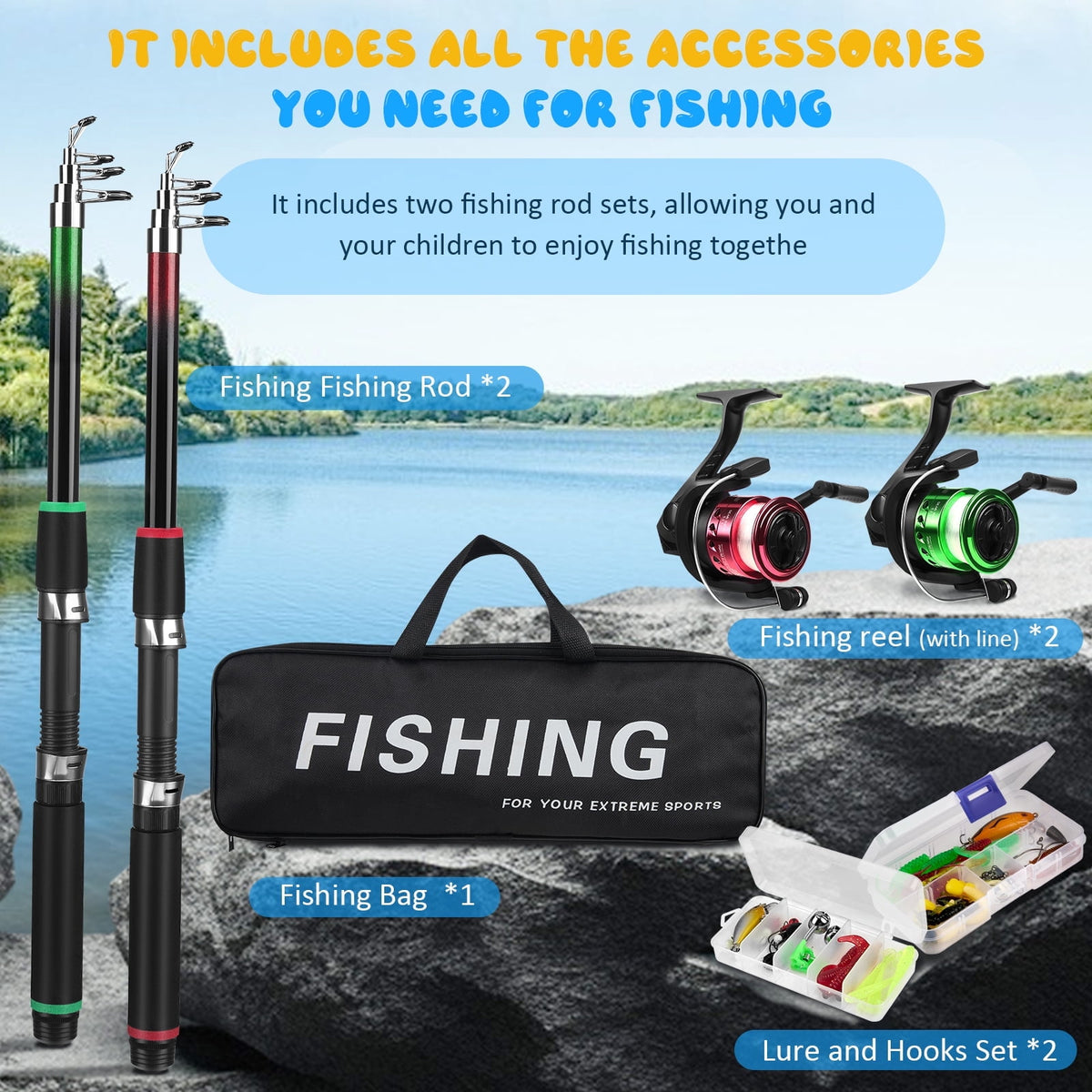 Doulami Fishing Poles, 2-Pack 5.9-FT Fishing Poles Combo Set with Rod and Reel, 75-Pcs Lures Hooks Swivels, Carry Bag, Fishing Rod and Reel Combo