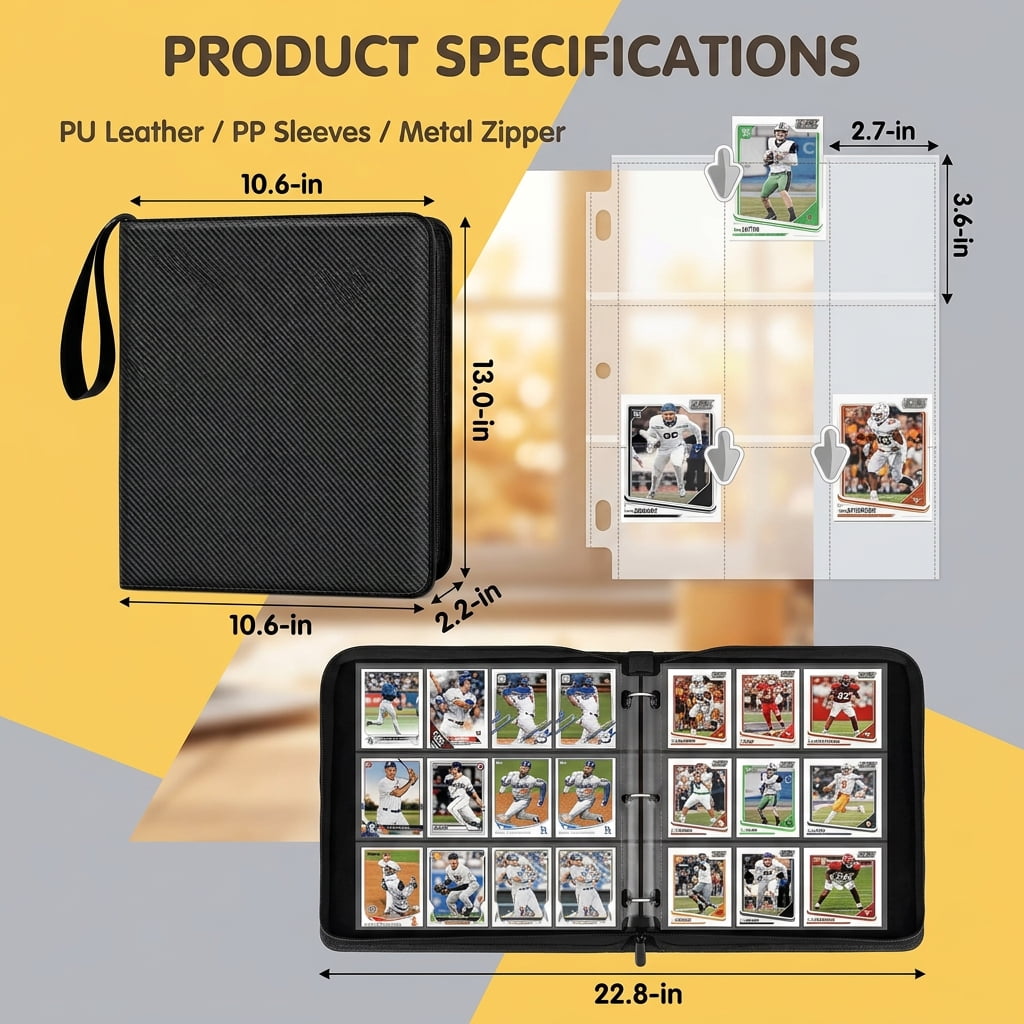 Doulami Card Binder 9-Pocket, Holds Up 900 Cards with 50 Removable Double-Sided Sleeves, 3-Ring PU Leather Card Collection Folder, Portable Card Album for Baseball, Sports, Game,black