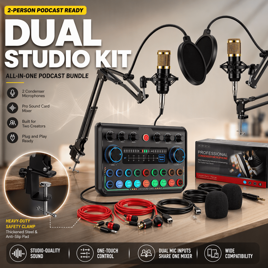 DOULAMI Podcast Equipment Bundle, 2 Condenser Microphones with Audio Interface Mixer, Sound Card, Voice Changer, Boom Arm for PC Phone Streaming Recording