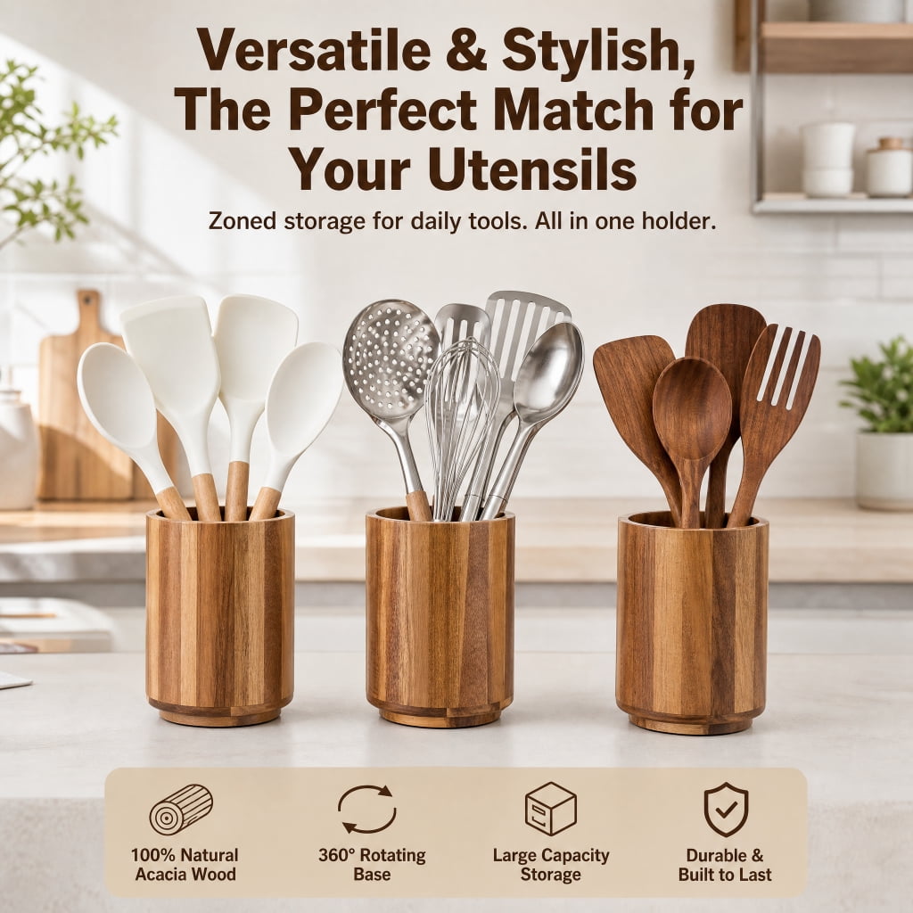 Doulami Utensil Holder, 360° Rotating, 7.2" Wood Cooking Utensil Crock for Countertop, Farmhouse Kitchen Decor