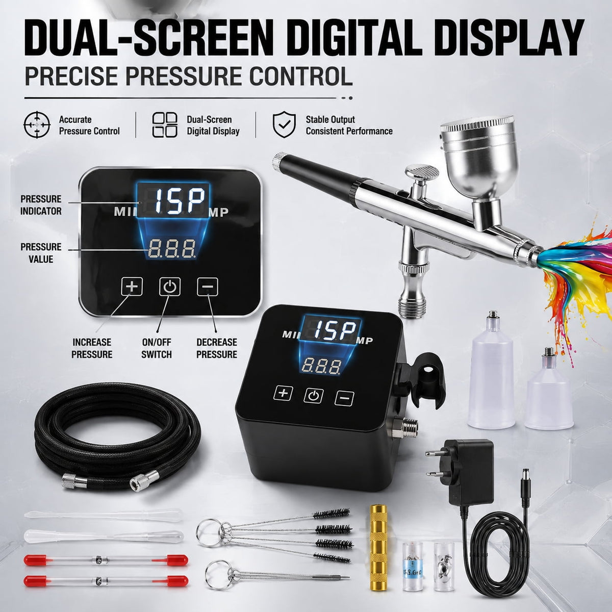 Doulami Airbrush Kit with Air Compressor, Digital Display High Pressure Air Brush Non-Clogging with 0.2/0.5mm Nozzle, for Painting,Modeling,Cake Decor, Makeup,Black