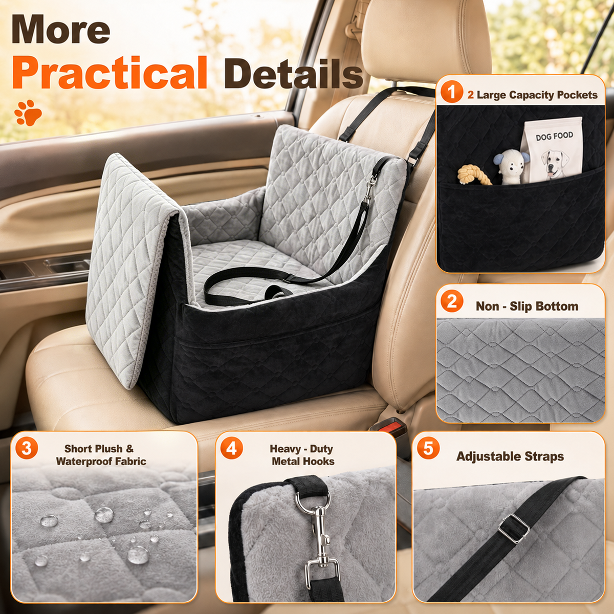 Doulami Dog Car Seat, Dog Booster Car Seats for Small & Medium Breeds Up to 35lbs, Fully Detachable and Washable, Soft Foam Pet Car seat with 2 Storage Pockets & 3 Safety Belts, Black & Gray