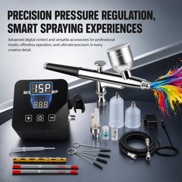 Doulami Airbrush Kit with Air Compressor, Digital Display High Pressure Air Brush Non-Clogging with 0.2/0.5mm Nozzle, for Painting,Modeling,Cake Decor, Makeup,Black