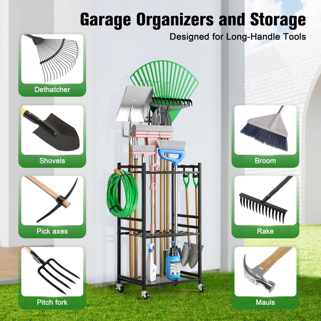 Doulami Garden Tool Organizer Cart, 3-Tier Rolling Garage Tool Rack with 35 Slots & Hooks, Heavy Duty Steel Yard Tool Storage for Shovels Rakes Brooms, Garage Shed Yard