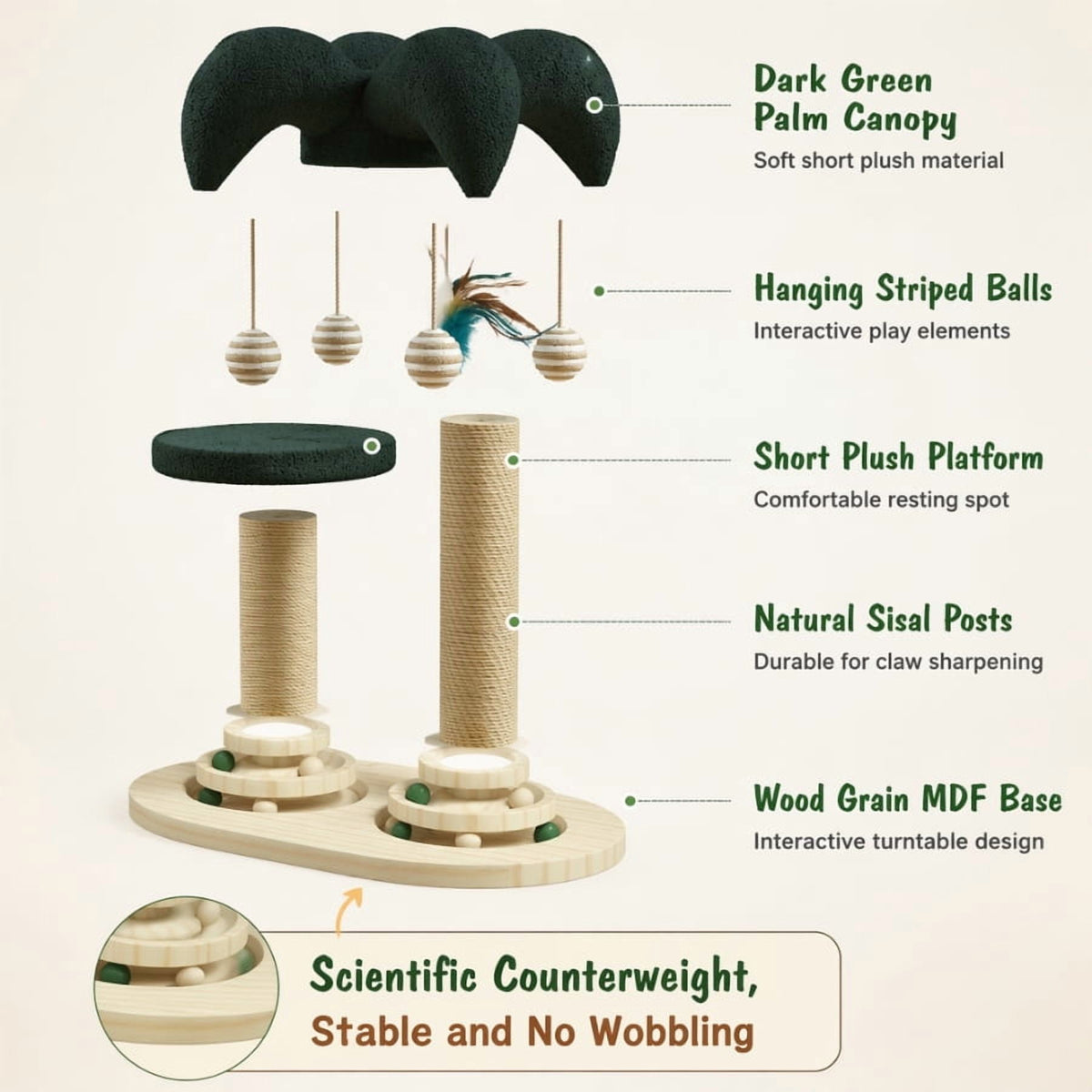 Doulami Cat Scratching Post, Palm Tree Cat Tree Tower with Sisal Posts, Dual Platforms, Hanging Balls and Feather Teaser for Indoor Cats