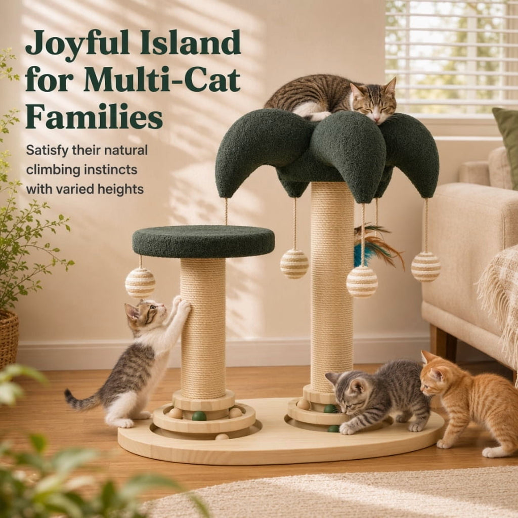 Doulami Cat Scratching Post, Palm Tree Cat Tree Tower with Sisal Posts, Dual Platforms, Hanging Balls and Feather Teaser for Indoor Cats
