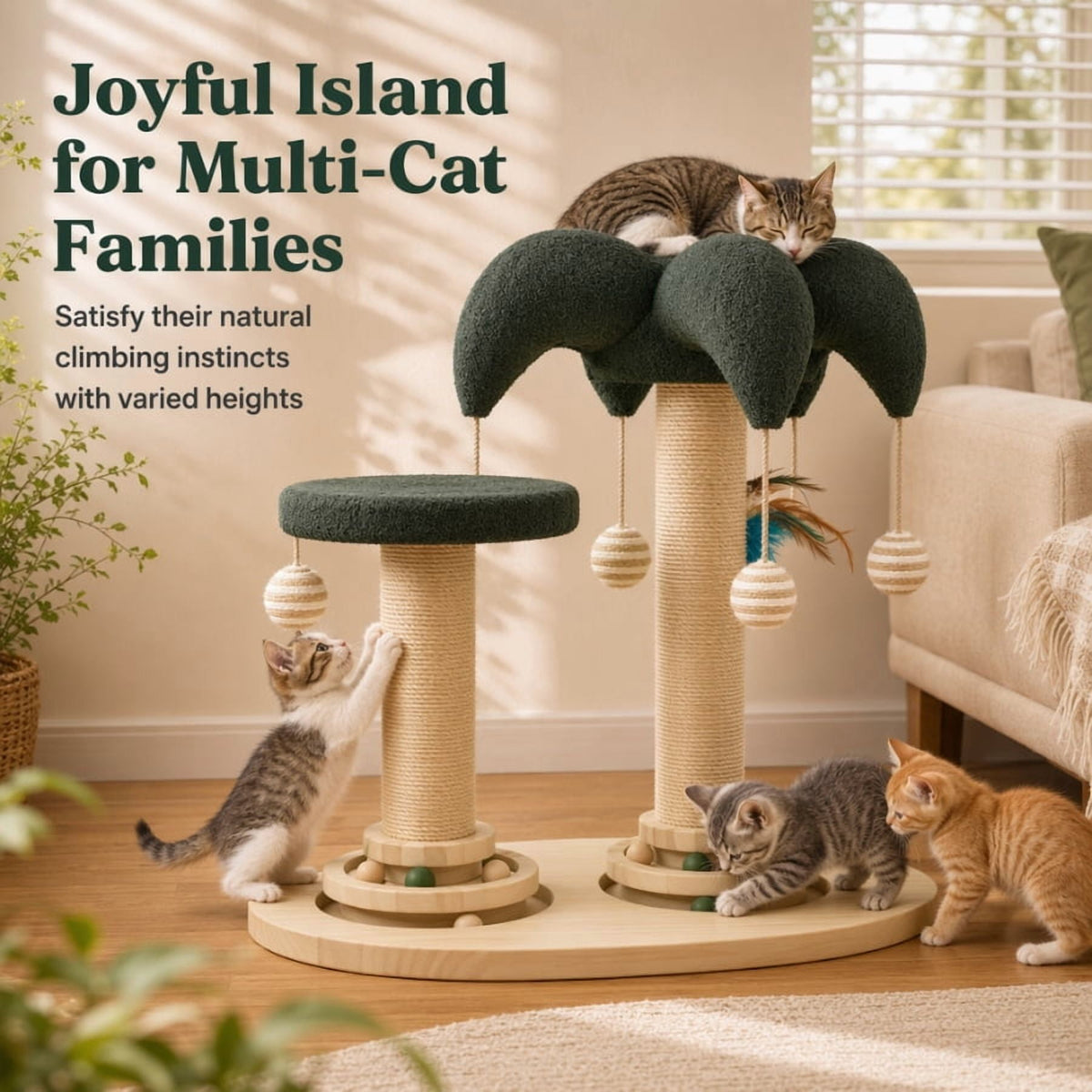 Doulami Cat Scratching Post, Palm Tree Cat Tree Tower with Sisal Posts, Dual Platforms, Hanging Balls and Feather Teaser for Indoor Cats