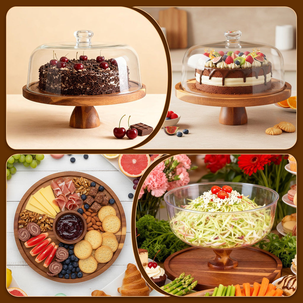 Doulami 12 Inch Cake Stand with Glass Dome, Wooden Cake Display Stand, Multifunctional Serving Tray for Dessert Fruit Salad