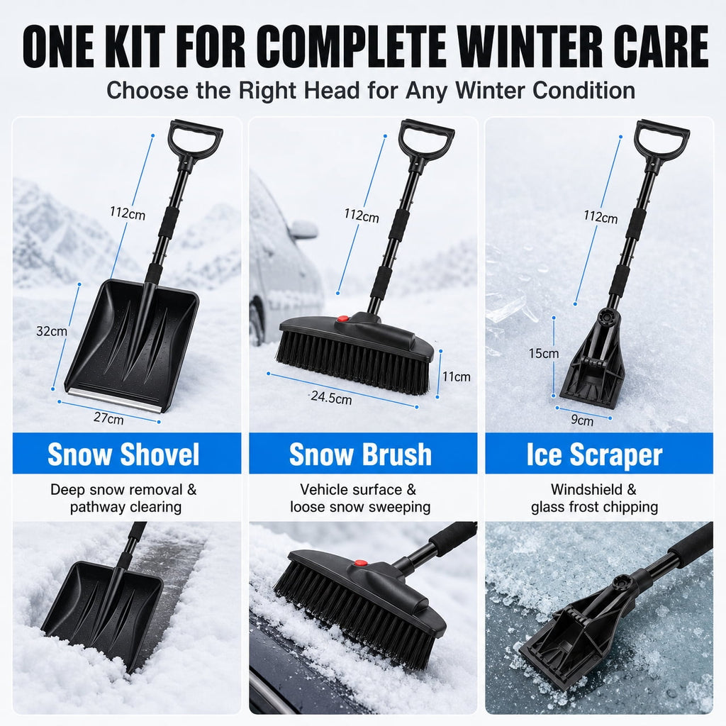 Doulami snow shovel and Ice Scraper 3-in-1 Car Snow Removal Kit, Adjustable Extension Handle with Brush, Square Snow Shovel and Ice Scraper, 95 x 24 x 14 cm