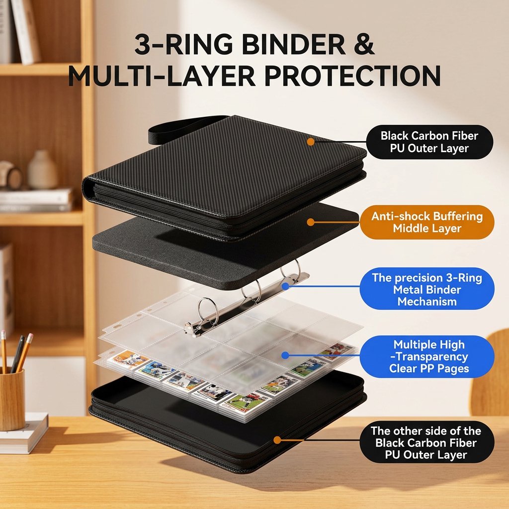 Doulami Card Binder 9-Pocket, Holds Up 900 Cards with 50 Removable Double-Sided Sleeves, 3-Ring PU Leather Card Collection Folder, Portable Card Album for Baseball, Sports, Game,black