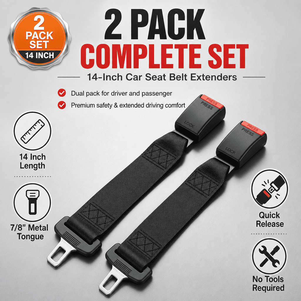 Doulami Seat Belt Extender, 14-Inch 2-Pack Safety Belt Length Adjuster with 7/8" Tongue, Universal for Cars Trucks SUVs Standard Receiver