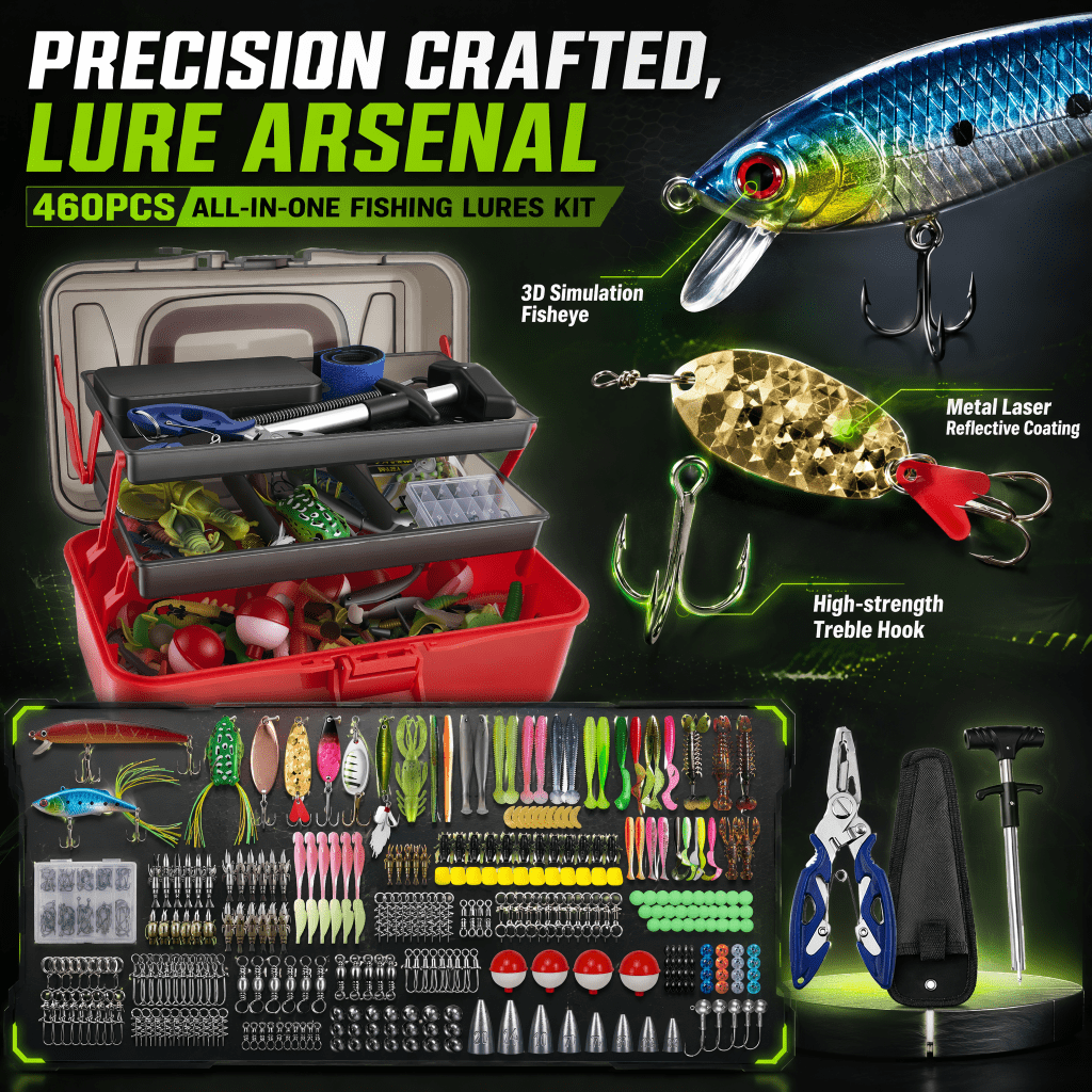 Doulami Tackle Box, 460-Pcs Tackle Box with Tackle Included, 3-Layer Fishing Starter Kit Hooks Weights Bobbers Pliers Fluorocarbon Line
