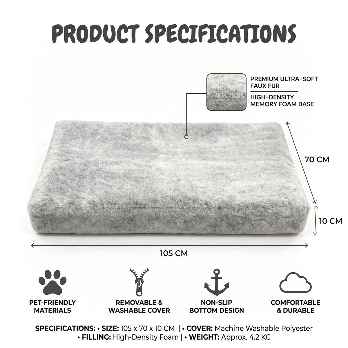 Doulami Dog Bed for large dogs 105x70x6cm, Corduroy Pet Mattress with Removable Washable Cover, Non Slip Bottom Crate Dog Pad, Joint Relief Dog Mat, Light Gray