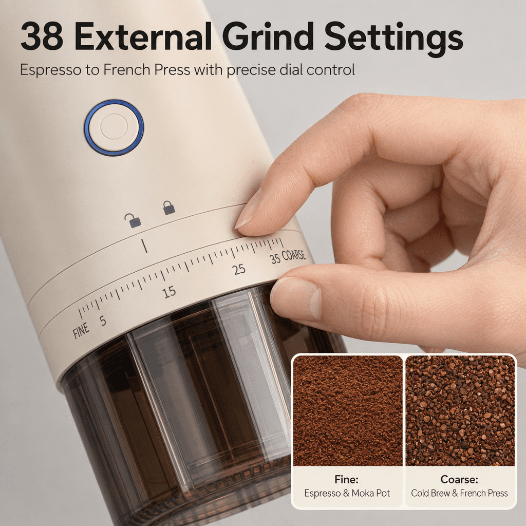 Doulami Coffee Grinder, 38 Adjustable Grind Levels, Portable Conical Burr, Usb Rechargeable Ceramic Core, for Espresso French Press Travel Camping