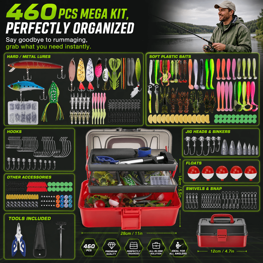 Doulami Tackle Box, 460-Pcs Tackle Box with Tackle Included, 3-Layer Fishing Starter Kit Hooks Weights Bobbers Pliers Fluorocarbon Line
