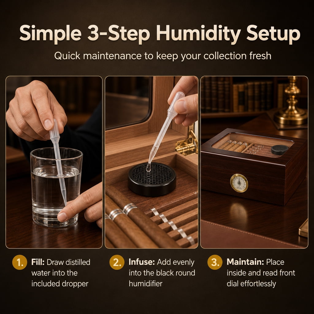 Doulami Handmade Cigar Humidor, featuring Cedar wood desktop box with built-in humidifier and hygrometer, glass top, and capacity for 50 cigars, in brown