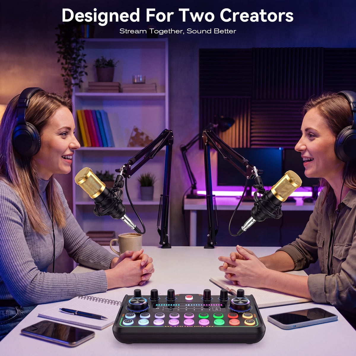 DOULAMI Podcast Equipment Bundle, 2 Condenser Microphones with Audio Interface Mixer, Sound Card, Voice Changer, Boom Arm for PC Phone Streaming Recording