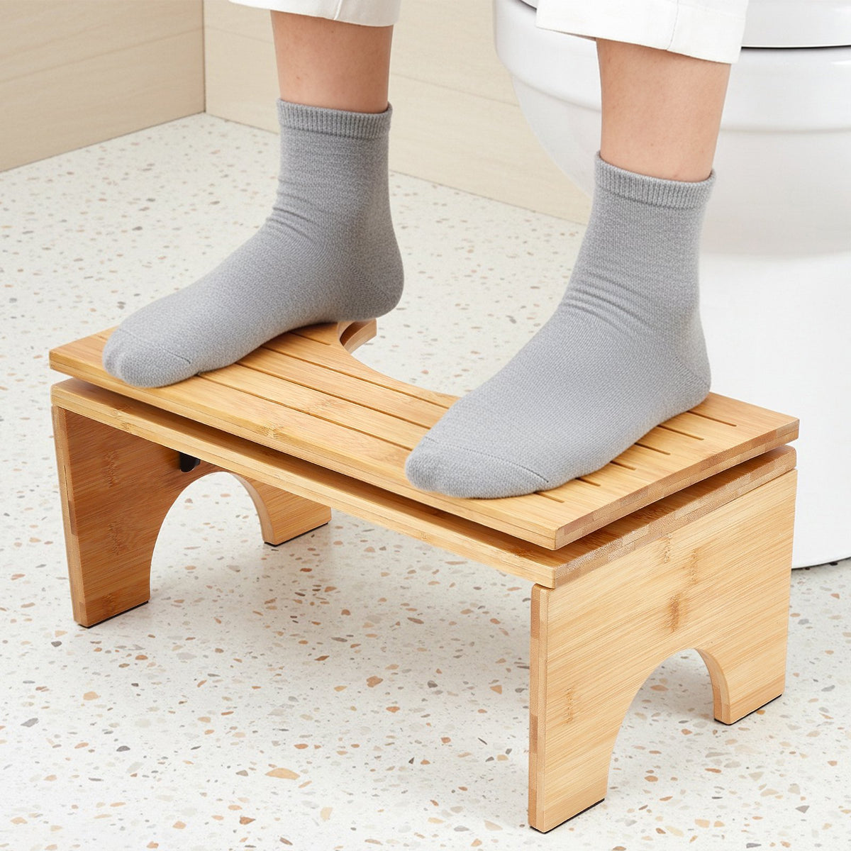 Doulami Bamboo Toilet Stool Foldable, 7" & 9" Adjustable Height Bathroom Toilet Step Stool