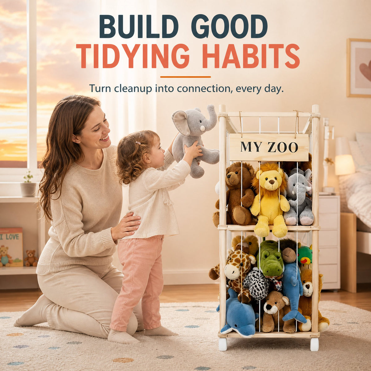 Doulami Wooden Stuffed Animal Storage, Holds Up to 40 Plush Toys, Vertical Corner Plush Toy Storage with Elastic Straps, Zoo Toy Organizer for Kids Nursery Bedroom Playroom