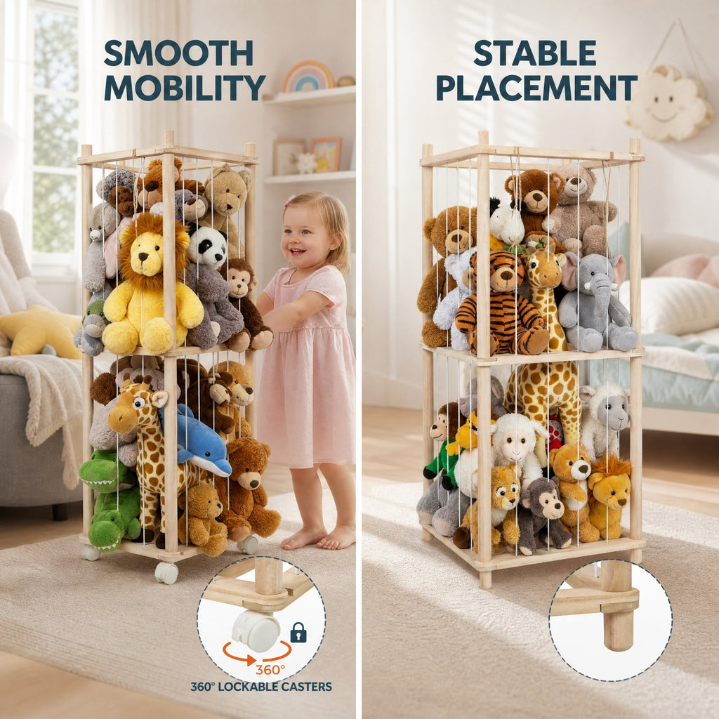 Doulami Wooden Stuffed Animal Storage, Holds Up to 40 Plush Toys, Vertical Corner Plush Toy Storage with Elastic Straps, Zoo Toy Organizer for Kids Nursery Bedroom Playroom