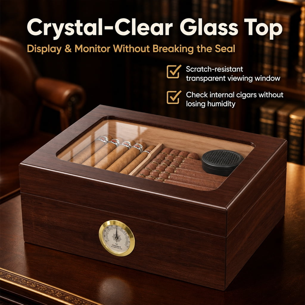 Doulami Handmade Cigar Humidor, featuring Cedar wood desktop box with built-in humidifier and hygrometer, glass top, and capacity for 50 cigars, in brown