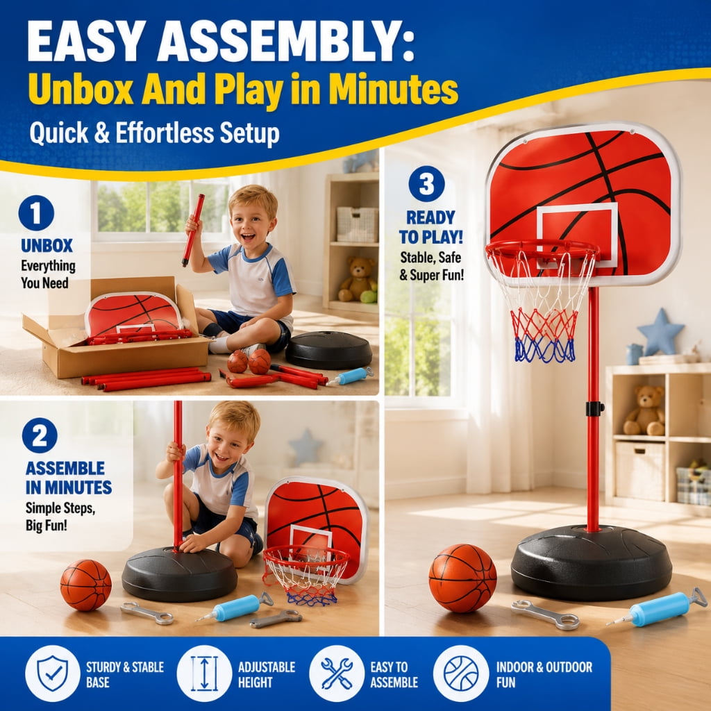 Doulami Kids Basketball Hoop, 1.8M Height Adjustable Indoor Outdoor Mini Basketball Goal Set with 3 Basketballs & Inflatable Pump, Sports Toy Gift for Boys Girls 3-8 Years Old