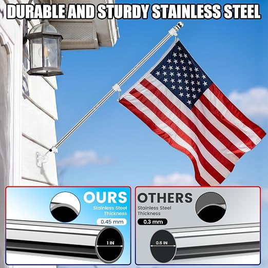 Doulami Flag Pole for Outside House, 6FT Silver 5-Section Tangle Free Spinning Stainless Steel Flagpole Kit with Adjustable Bracket, Heavy Duty Rustproof Outdoor Flag Poles for Residential Gard