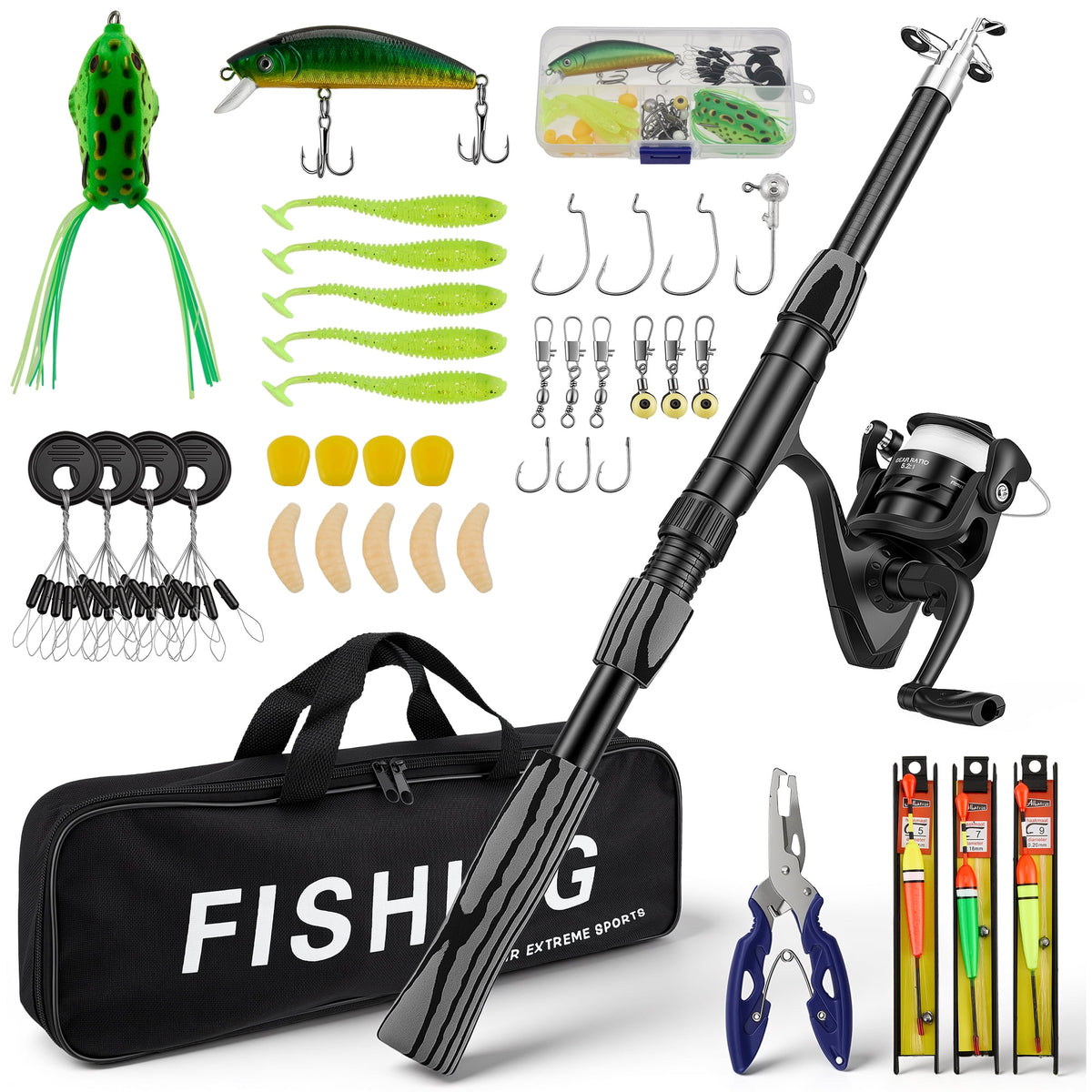 Doulami Kids Fishing Pole, 35-Pcs Lures Kit,Single 5.9-Ft Telescopic Fishing Rod and Reel Combo, Tackle Box,Carry Bag Pliers Foldable Handle Bite Alarm