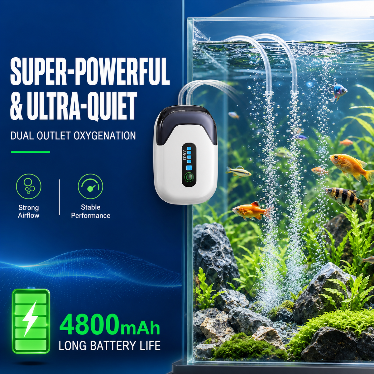 Doulami Aquarium Air Pump USB Rechargeable – Ultra Quiet Portable Bubble Aerator, Up to 70-Hour Runtime with Intermittent Mode, Stable Aeration for Fish Tanks, Betta Bowls & Outdoor Use