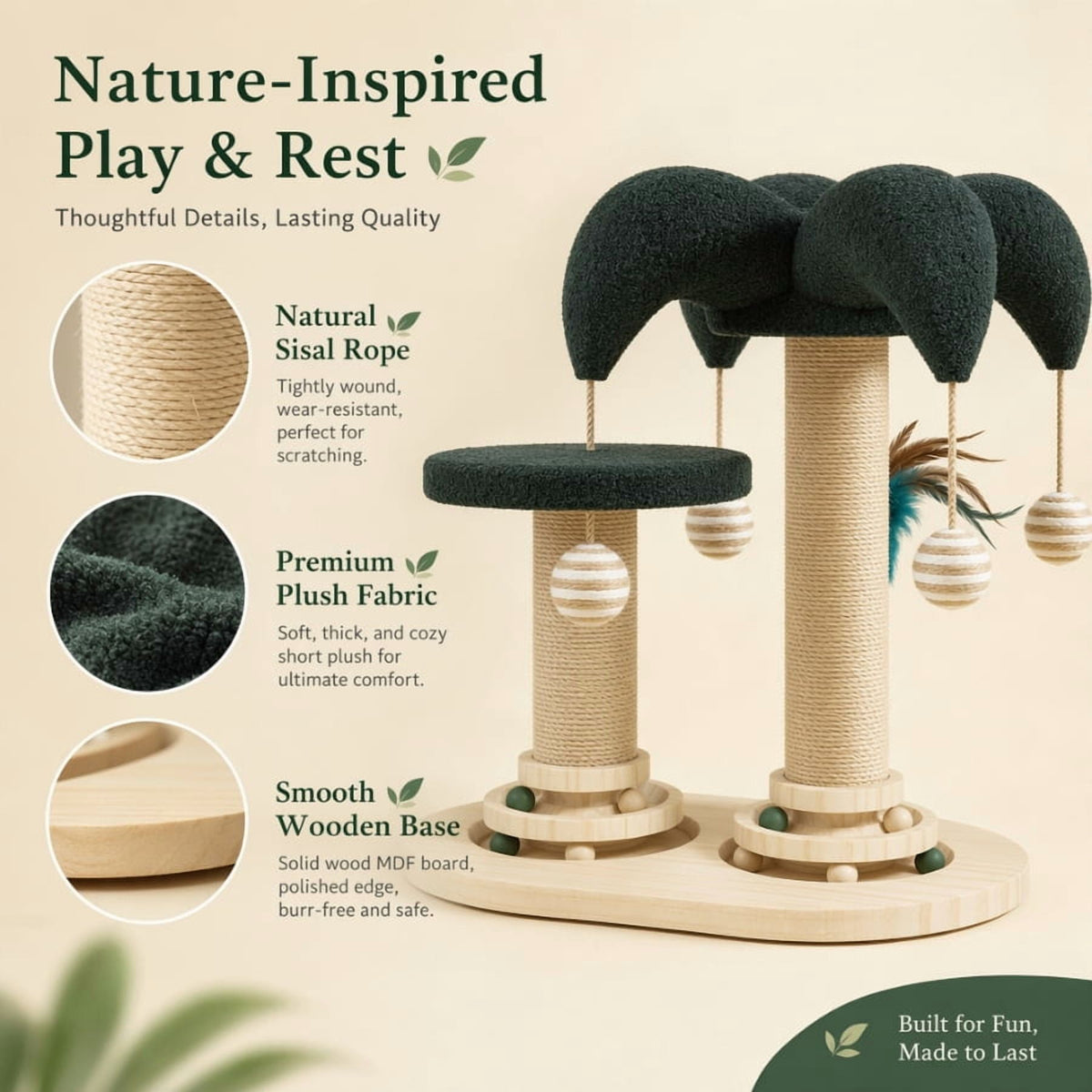 Doulami Cat Scratching Post, Palm Tree Cat Tree Tower with Sisal Posts, Dual Platforms, Hanging Balls and Feather Teaser for Indoor Cats
