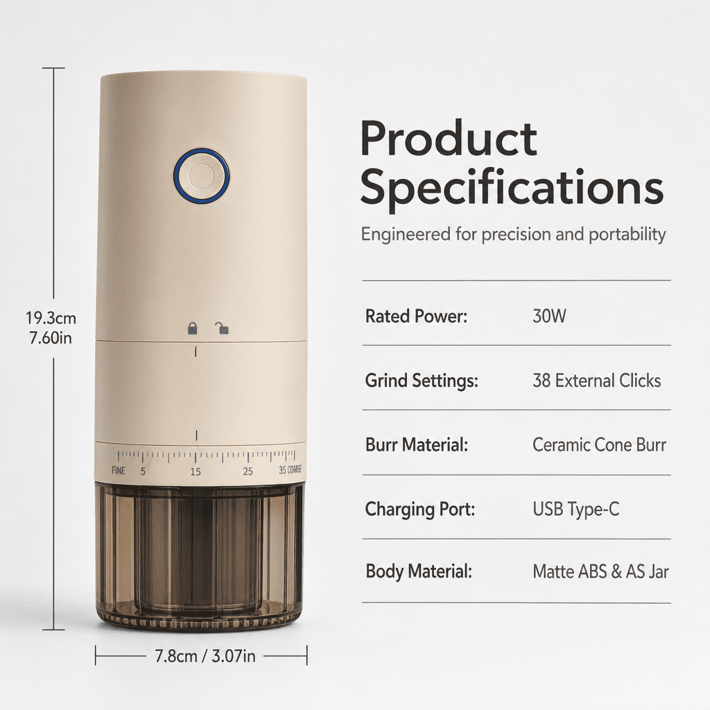 Doulami Coffee Grinder, 38 Adjustable Grind Levels, Portable Conical Burr, Usb Rechargeable Ceramic Core, for Espresso French Press Travel Camping