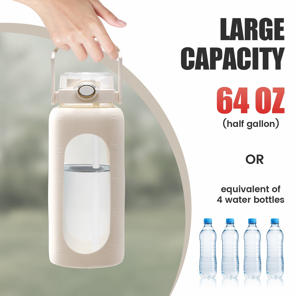 Doulami 64oz Glass Water Bottle with Silicone Sleeve, Half Gallon Water Jug with Time Marker, Straw Lid & Direct Drink Spout, BPA Free Borosilicate Bottle with Handle, Extra Straw & Brush, White