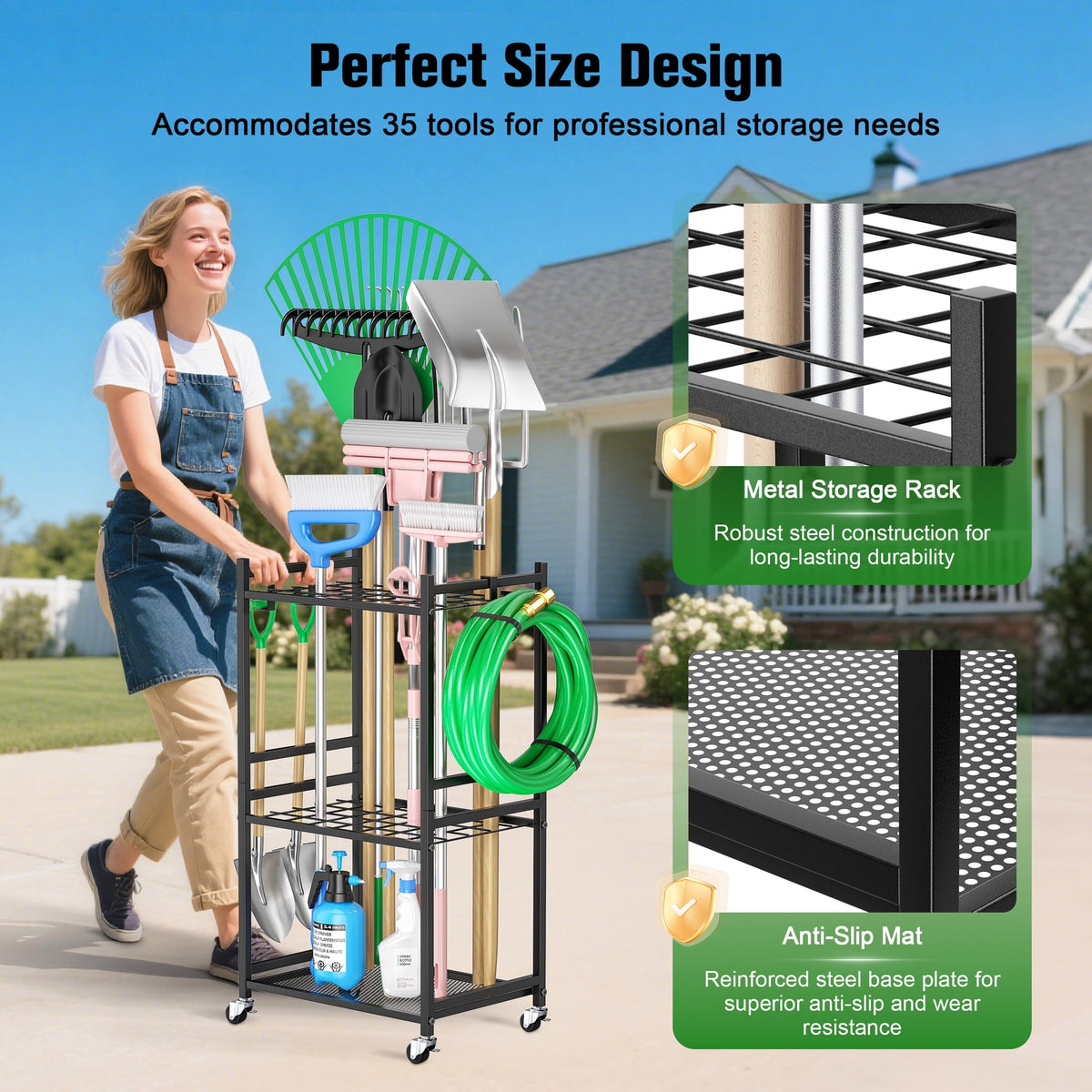 Doulami Garden Tool Organizer Cart, 3-Tier Rolling Garage Tool Rack with 35 Slots & Hooks, Heavy Duty Steel Yard Tool Storage for Shovels Rakes Brooms, Garage Shed Yard