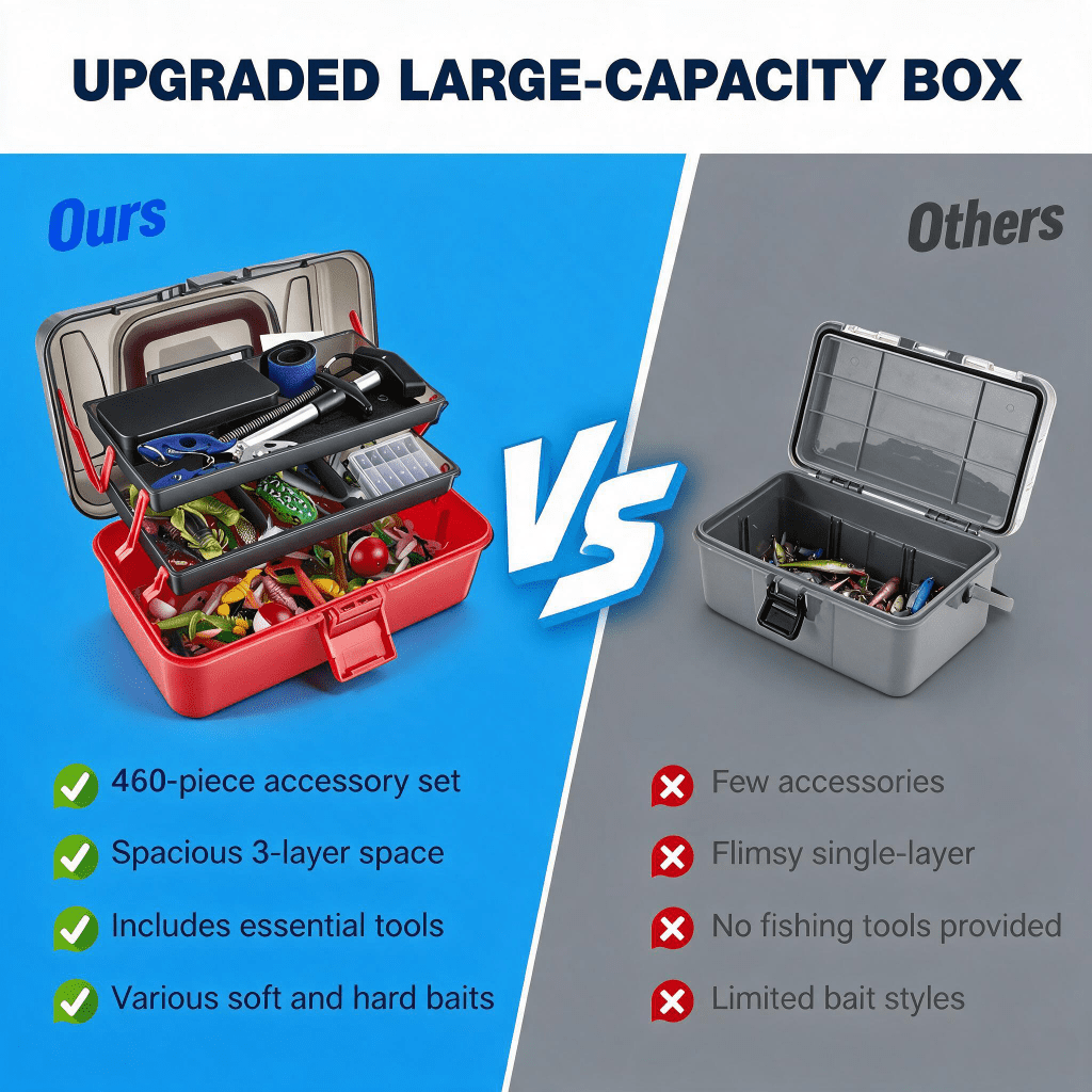 Doulami Tackle Box, 460-Pcs Tackle Box with Tackle Included, 3-Layer Fishing Starter Kit Hooks Weights Bobbers Pliers Fluorocarbon Line