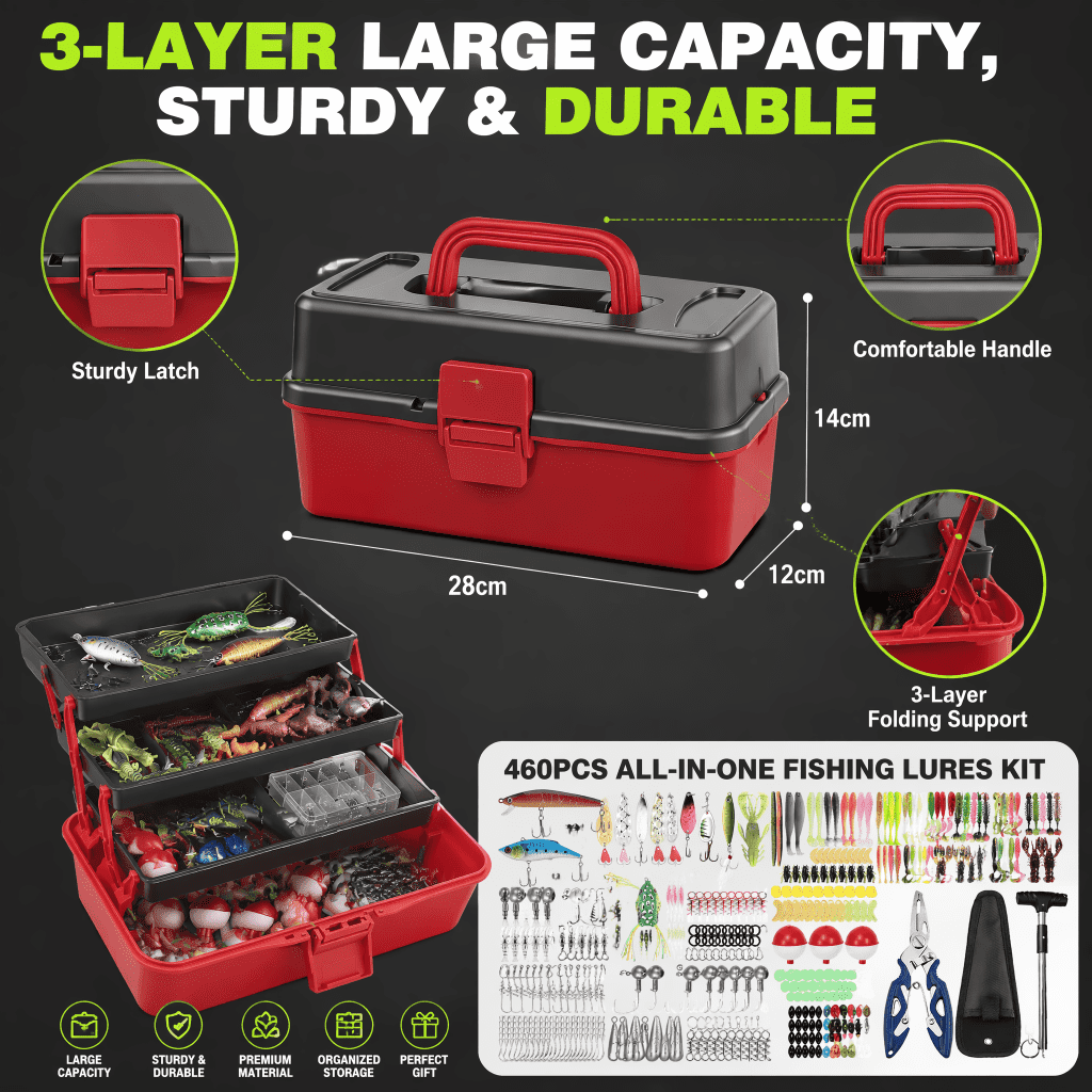 Doulami Tackle Box, 460-Pcs Tackle Box with Tackle Included, 3-Layer Fishing Starter Kit Hooks Weights Bobbers Pliers Fluorocarbon Line