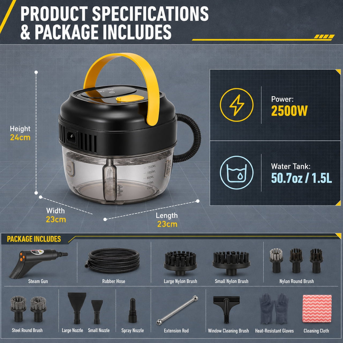 Doulami Steam Cleaner Handheld, 2500W Portable Steamer with 50.7oz Water Tank and 19 Accessories