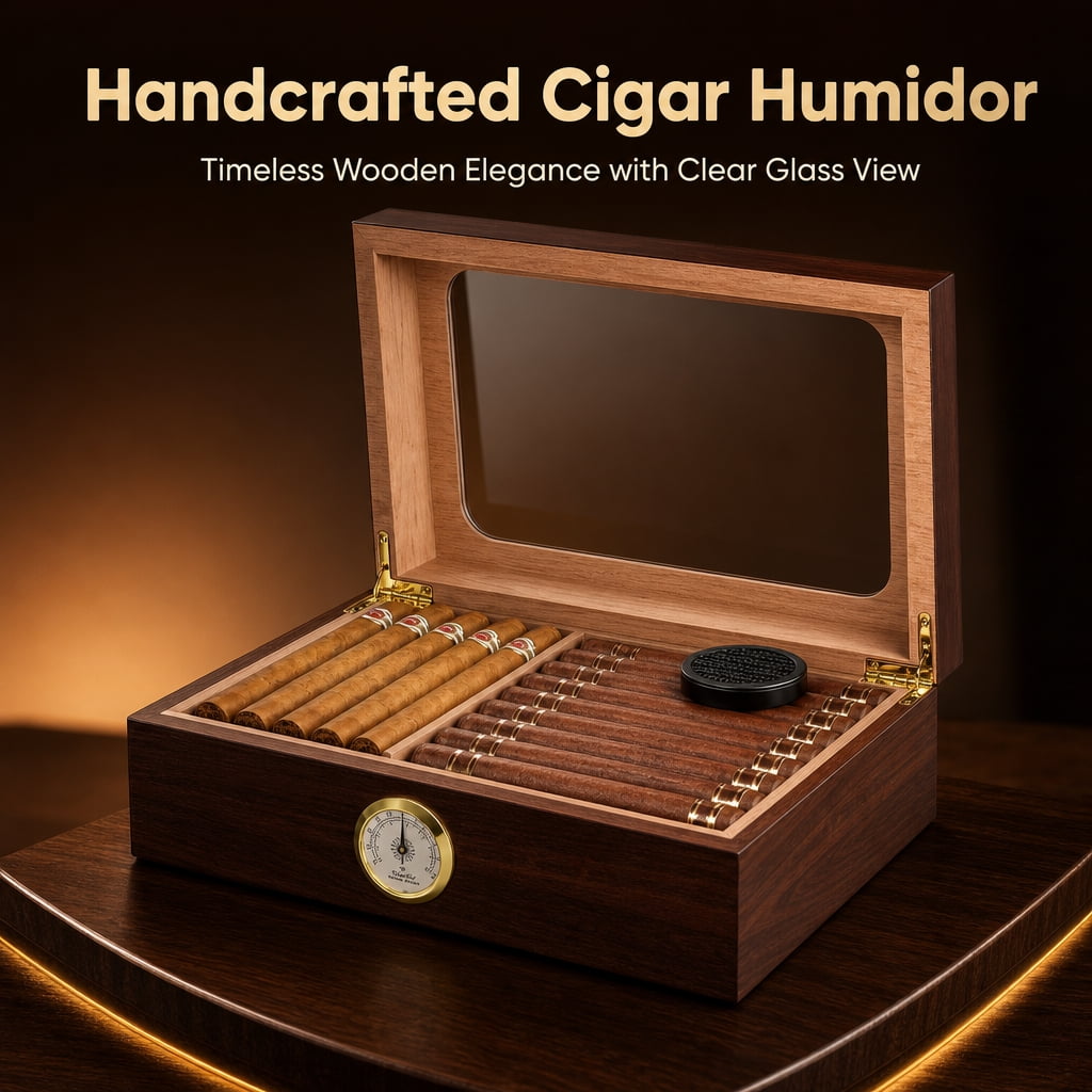 Doulami Handmade Cigar Humidor, featuring Cedar wood desktop box with built-in humidifier and hygrometer, glass top, and capacity for 50 cigars, in brown