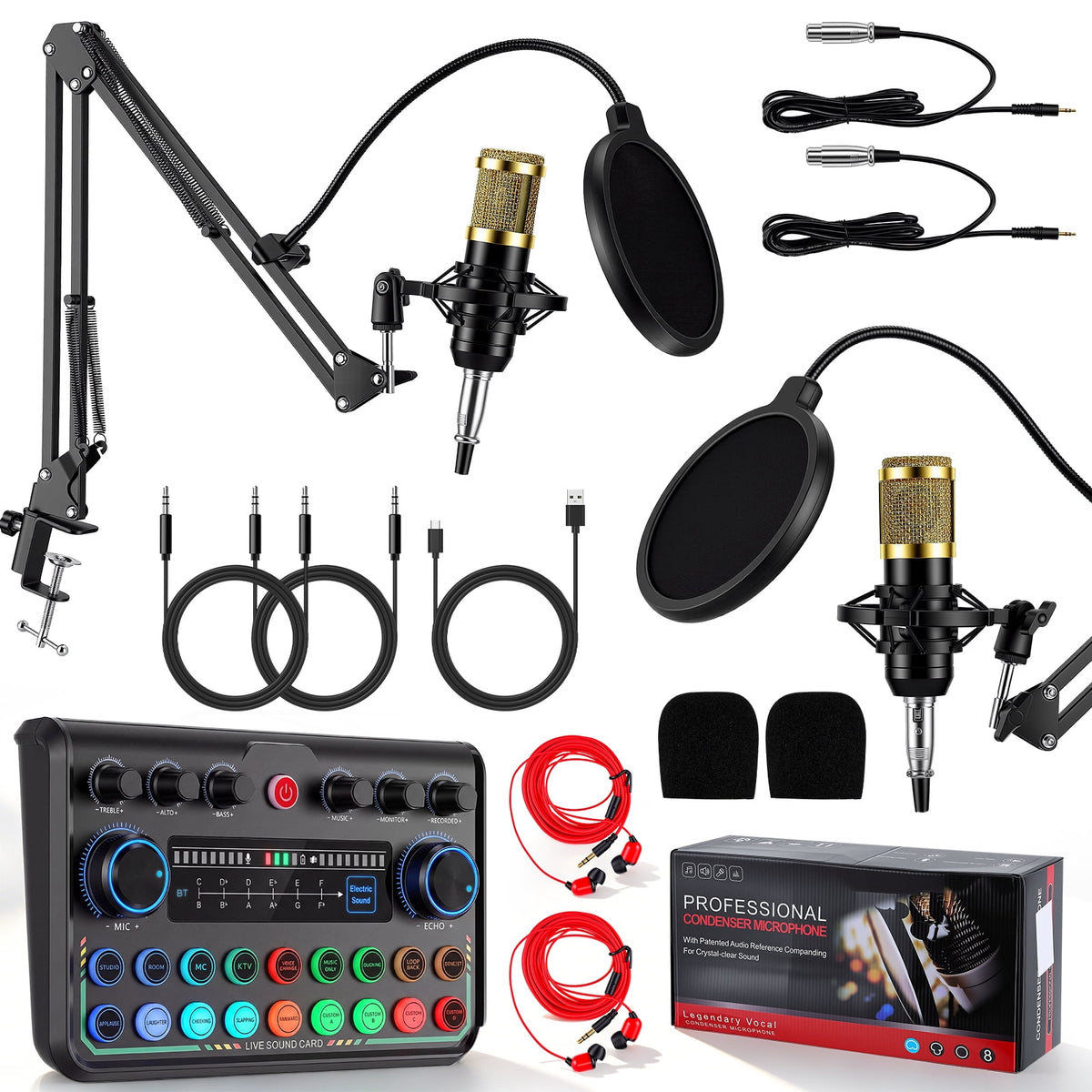 DOULAMI Podcast Equipment Bundle, 2 Condenser Microphones with Audio Interface Mixer, Sound Card, Voice Changer, Boom Arm for PC Phone Streaming Recording
