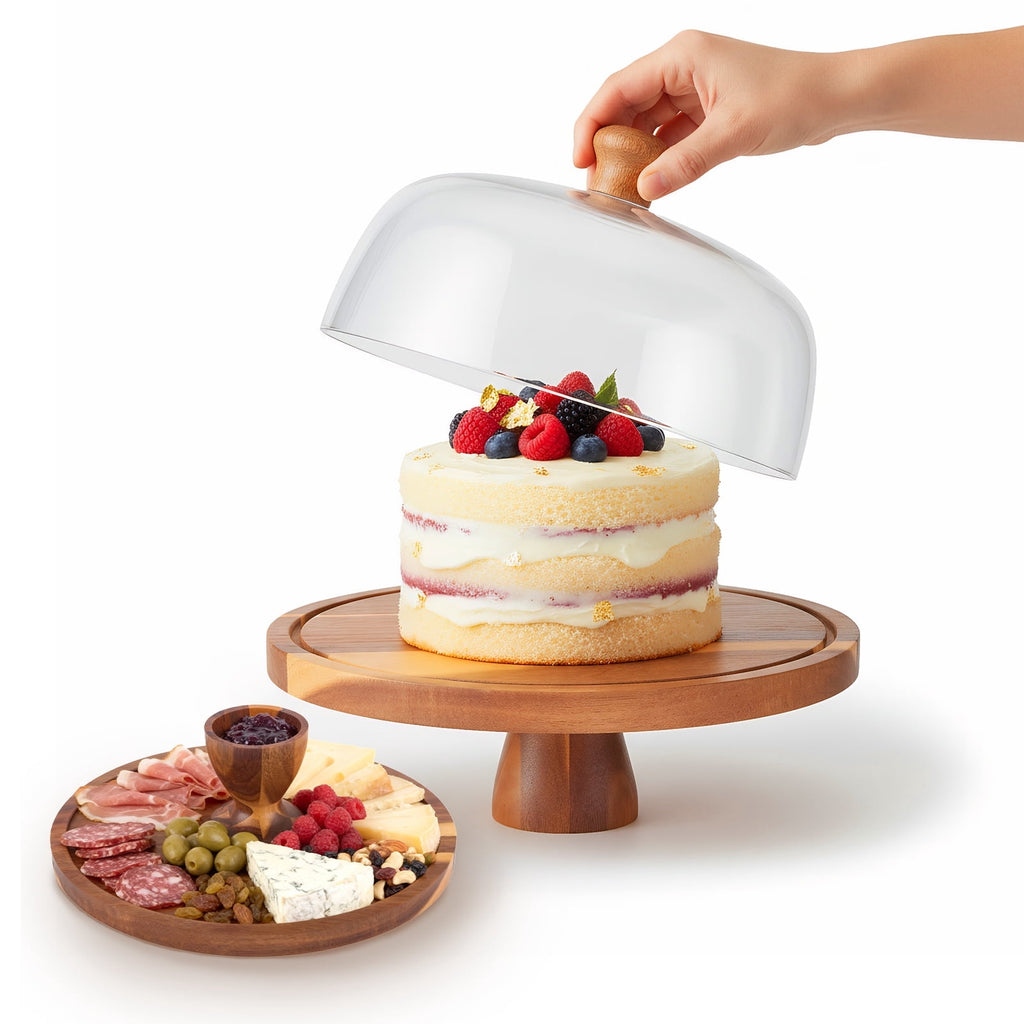 Doulami 12 Inch Cake Stand with Glass Dome, Wooden Cake Display Stand, Multifunctional Serving Tray for Dessert Fruit Salad