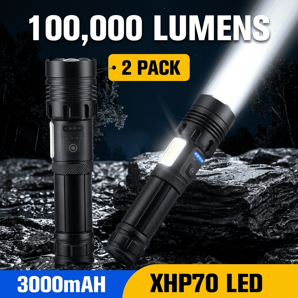 Doulami 2 Pack Flashlight 100000 Lumens, Rechargeable Flashlight, XHP70.2 LED, 3000mAh Battery, IP67 Waterproof, Zoomable Powerful Torch for Hiking Camping