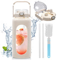 Doulami 64oz Glass Water Bottle with Silicone Sleeve, Half Gallon Water Jug with Time Marker, Straw Lid & Direct Drink Spout, BPA Free Borosilicate Bottle with Handle, Extra Straw & Brush, White
