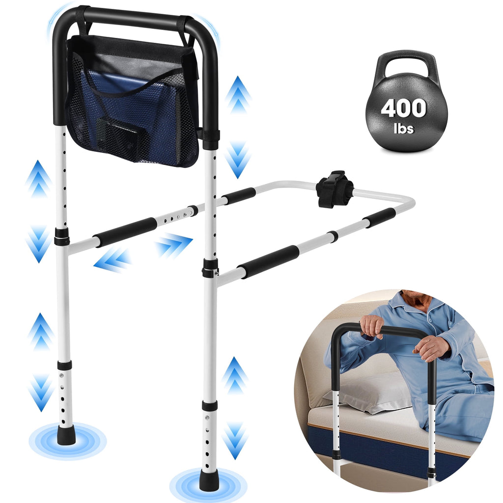 Doulami Bed Assist Rail for Elderly Adults Height Adjustable Bedside Standing Bar for Seniors Safety Bed Handle with Leg Fall Prevent Grab Bar with Storage Pocket