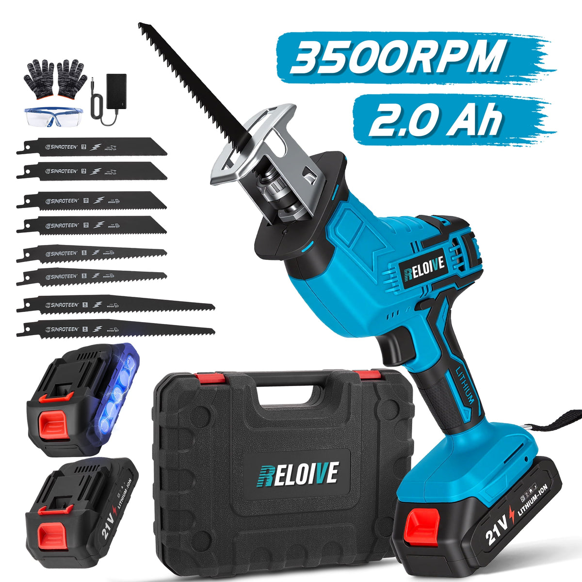 Doulami Cordless Reciprocating Saw, 2×2.0Ah, 3500RPM, 8 Blades+Goggles, for Wood/Metal