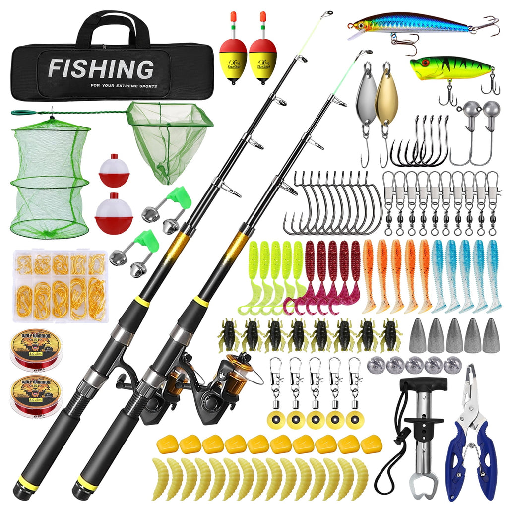 Doulami Fishing Poles, 102-Pcs Lure Kit, 2 Telescopic Fishing Poles (5.9ft & 6.9ft) with Spincast Reel, Hooks Lures Swivels Carry Bag for Beginners