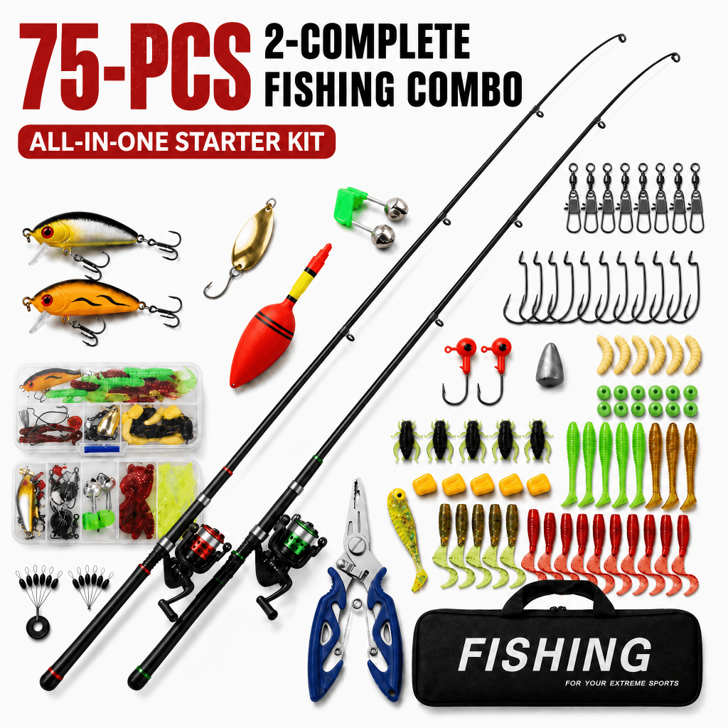 Doulami Fishing Poles, 2-Pack 5.9-FT Fishing Poles Combo Set with Rod and Reel, 75-Pcs Lures Hooks Swivels, Carry Bag, Fishing Rod and Reel Combo