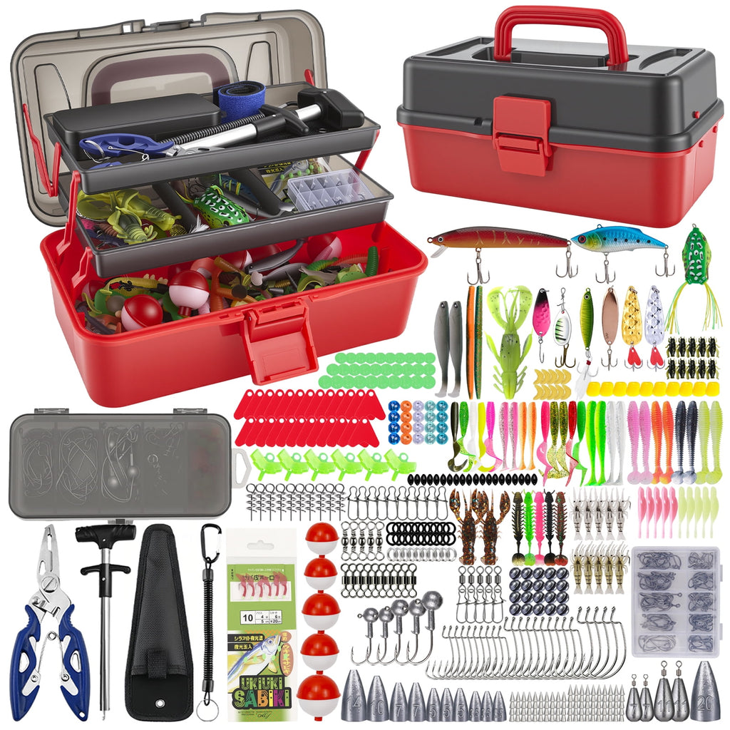 Doulami Tackle Box, 460-Pcs Tackle Box with Tackle Included, 3-Layer Fishing Starter Kit Hooks Weights Bobbers Pliers Fluorocarbon Line